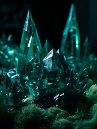 Close up of crystals on green moss. Shallow depth of field.の素材