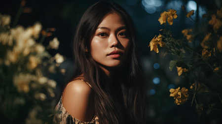 Portrait of a beautiful young asian woman with yellow flowers.の素材