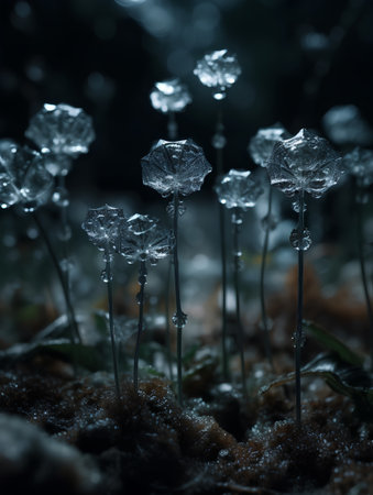 Ice crystals on moss in the forest at night. Shallow depth of field.の素材
