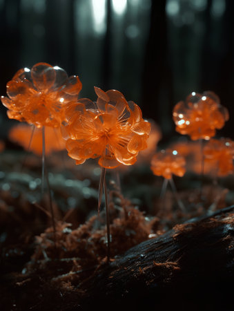 Mysterious orange flowers in the forest. Shallow depth of fieldの素材