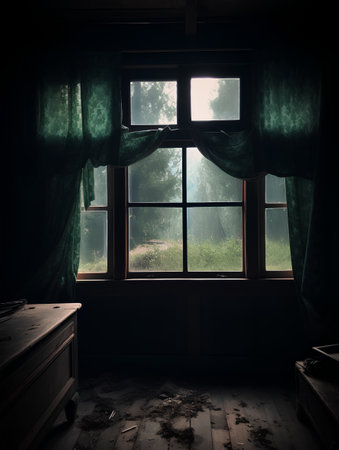 Abandoned house interior with window and curtains. Selective focusの素材
