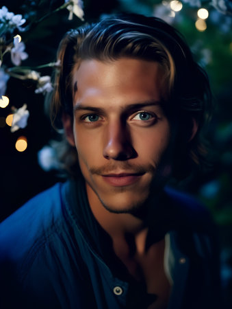 Portrait of a handsome young man in the garden with flowers.の素材