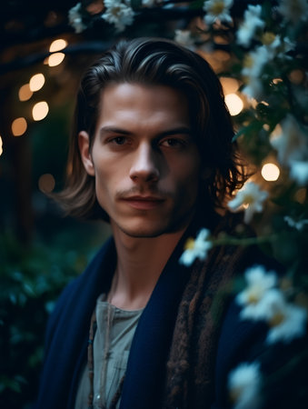 Portrait of a handsome young man in a park in the eveningの素材