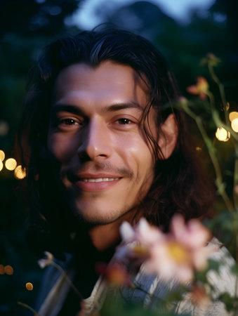 Portrait of a handsome young man with flowers in the garden.の素材