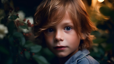 Portrait of a cute little boy with long blond hair and blue eyesの素材