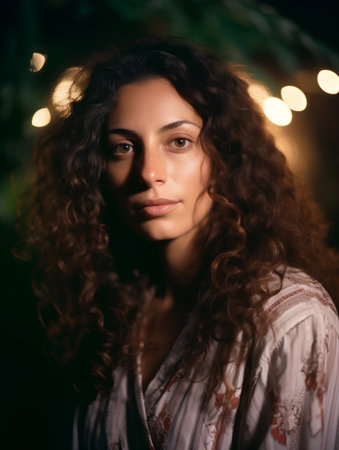 Portrait of a beautiful young woman with curly hair in the eveningの素材