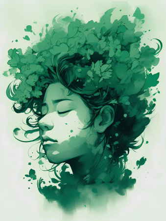 Illustration of a beautiful girl with green hair and splashes.の素材