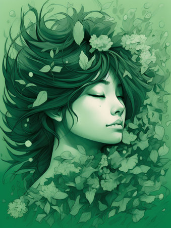Beautiful young woman with green hair and flowers in her hair.の素材
