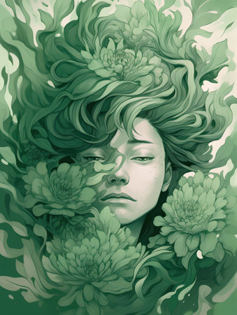 Beautiful girl with green hair and chrysanthemum flowersの素材