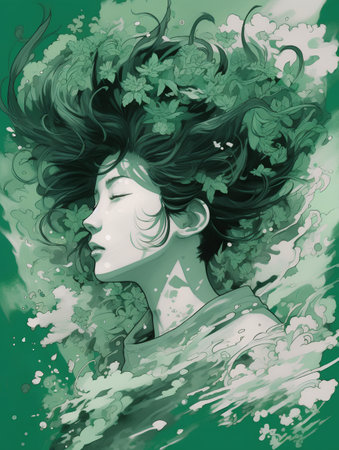 Illustration of a beautiful girl with long hair in the wind.の素材