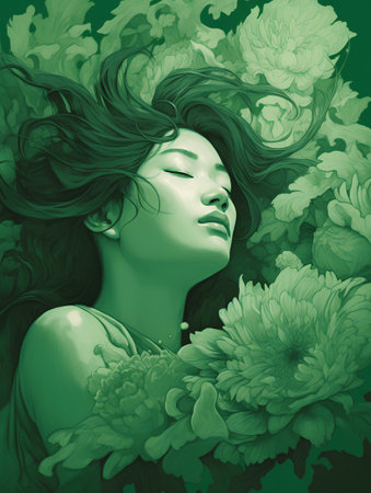 Portrait of a beautiful woman with flowers in her hair. Green background.の素材