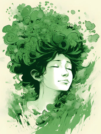 Portrait of beautiful young woman with green hair. Vector illustration.の素材