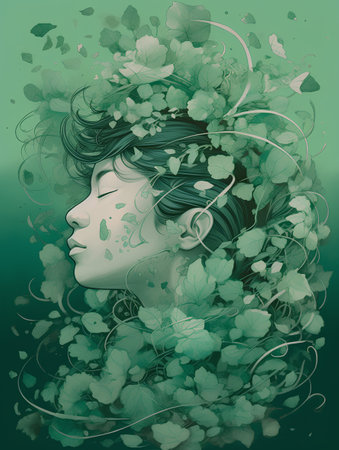 illustration of a beautiful girl with green leaves in her hair.の素材