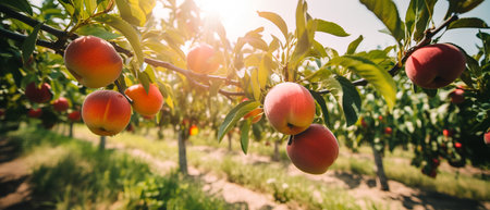 Peach tree with ripe red peaches in orchard in sunny dayの素材
