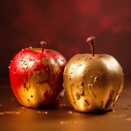 Two red and golden apples with drops of water on a dark backgroundの素材