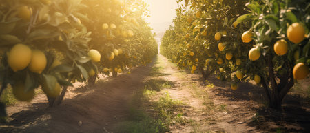 Rows of yellow ripe mangoes on a farm in Sicily, Italyの素材