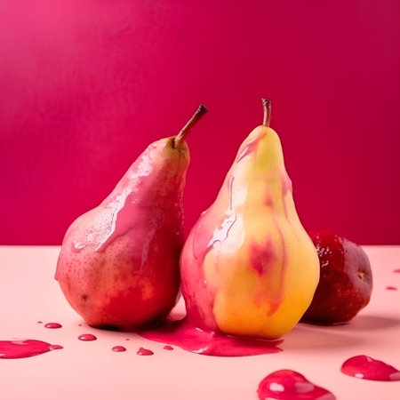 two ripe pears with drops of red wine on a pink backgroundの素材