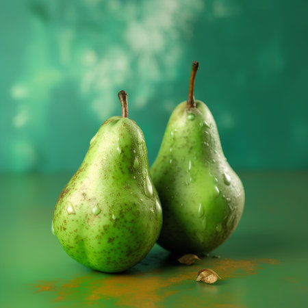 Ripe pears with water drops on a green background. Copy space.の素材