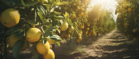 Lemon tree with ripe yellow lemons at sunset in Sicily, Italyの素材