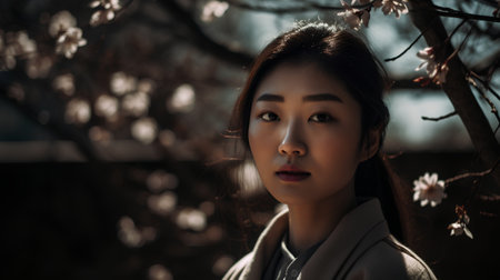Portrait of a beautiful asian woman with cherry blossom backgroundの素材
