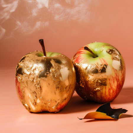 Two apples in golden foil on a pink background with an orange leafの素材
