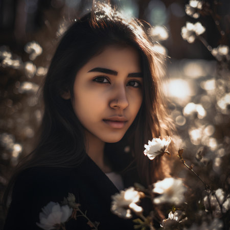 Portrait of a beautiful brunette girl with flowers in her hairの素材
