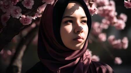 Portrait of beautiful asian muslim woman with hijab and sakura blossomの素材