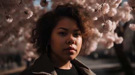 Beautiful african american woman in the park with cherry blossomの素材