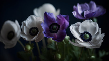 Beautiful white and purple anemones on a dark blue backgroundの素材