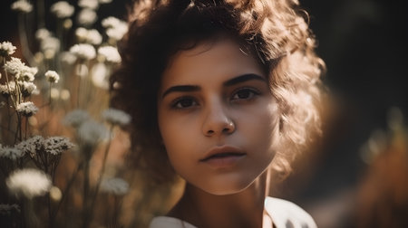 Portrait of a beautiful young woman with curly hair and brown eyesの素材
