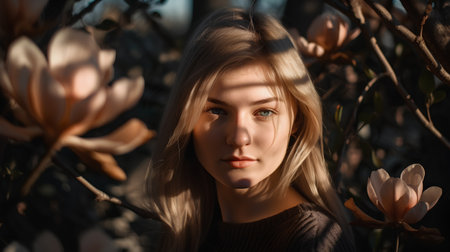 Portrait of a beautiful young girl in the park with magnolia flowersの素材