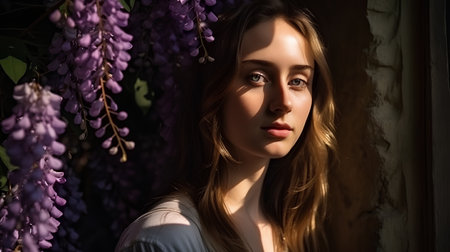 Portrait of a beautiful young woman with wisteria flowers.の素材