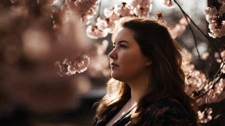 Portrait of a beautiful young woman in cherry blossom garden.の素材