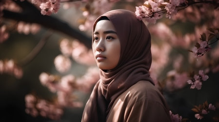 Beautiful asian muslim woman with hijab and cherry blossomの素材