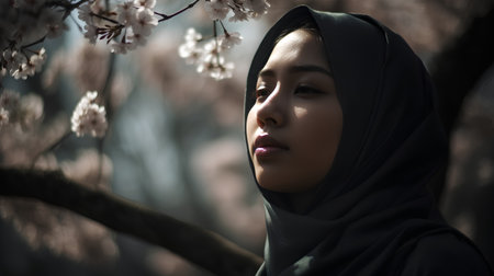 beautiful asian muslim woman in black hijab and cherry blossomの素材