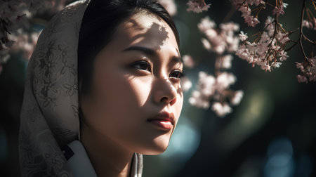 Portrait of a beautiful asian woman with sakura blossomの素材