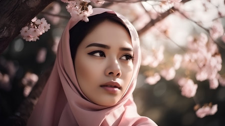 Portrait of beautiful asian muslim woman with pink hijab and cherry blossomの素材