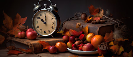 Autumn still life with alarm clock, books, apples and leaves.の素材