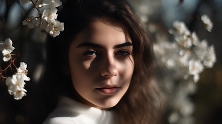 Portrait of a beautiful young woman with white flowers in her hairの素材