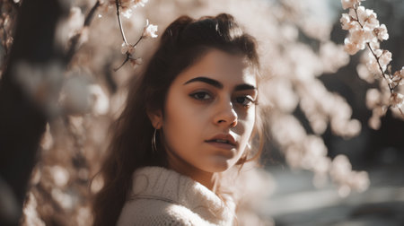 Portrait of a beautiful young woman in a spring blooming garden.の素材