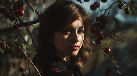 Portrait of beautiful young woman in autumn garden. Beauty, fashion.の素材