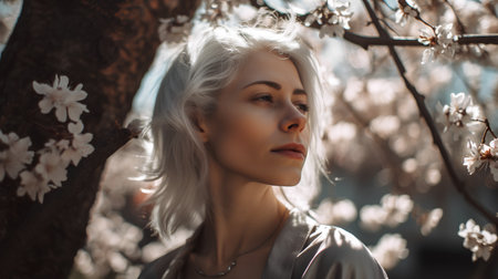 Portrait of a beautiful girl with blond hair in a blooming gardenの素材