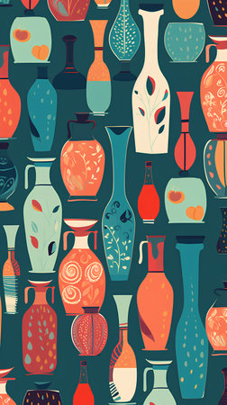 Seamless pattern with vases. Vector illustration in flat style.の素材
