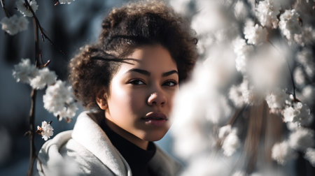 beautiful african american woman in white coat looking at cameraの素材