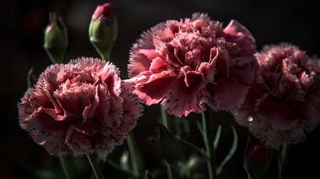 Beautiful pink carnation flowers on dark background. Selective focus.の素材