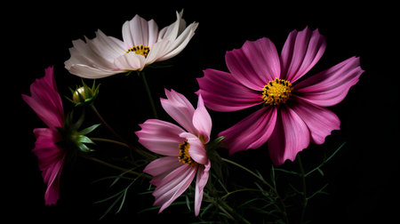 Beautiful pink cosmos flowers isolated on black background. Close up.の素材