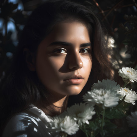 Portrait of a beautiful girl with white flowers in her hair.の素材