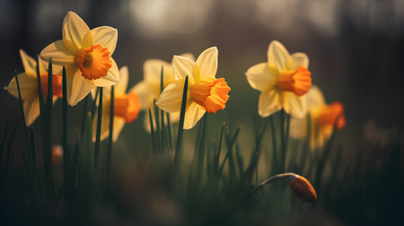 Yellow daffodils in the garden. Springtime. Nature backgroundの素材
