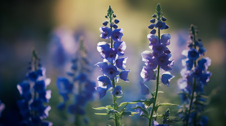 Beautiful blue delphinium flowers in meadow at sunsetの素材