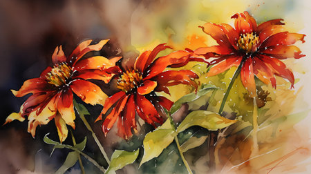 watercolor painting of flowers in yellow, orange and red colors.の素材